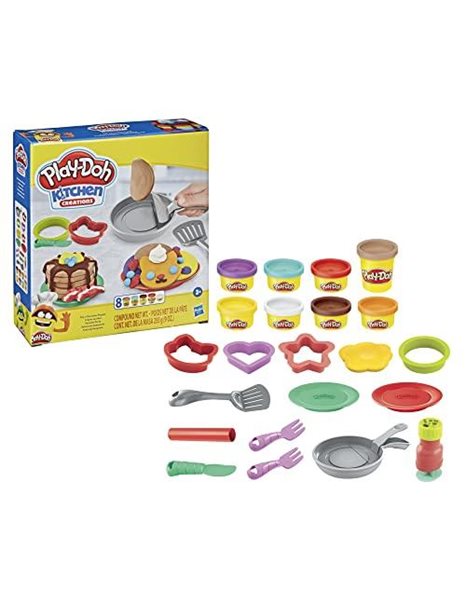Play-Doh Kitchen Creations Flip n Pancakes Playset 14-Piece Breakfast Toy for Kids 3 Years and Up with 8 Non-Toxic Modelling Compound Colours