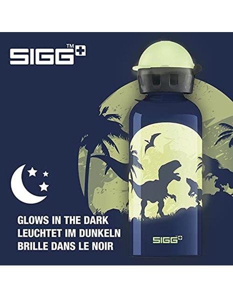 SIGG - Aluminium Kids Water Bottle - KBT GlowIn The DarkMoon Dinosaurs - Leakproof - Lightweight - BPA Free - Climate Neutral Certified - Dark Blue - 0.4L