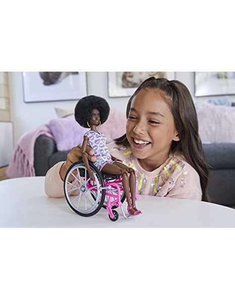Barbie Doll with Wheelchair and Ramp, Kids Toys, Barbie Fashionistas, Curly Black Hair, Rainbow Heart Romper, Clothes and Accessories?, HJT14