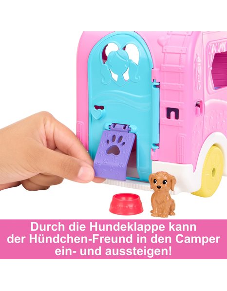 Barbie Camper, Chelsea 2-in-1 Playset with Small Doll, 2 Pets & 15 Accessories, Vehicle Transforms into Camp Site, HNH90