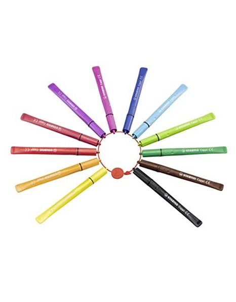 Fibre-Tip Pen with Cap-Ring - STABILO Cappi - Pack of 12 - Assorted Colours + 1 Cap-Ring