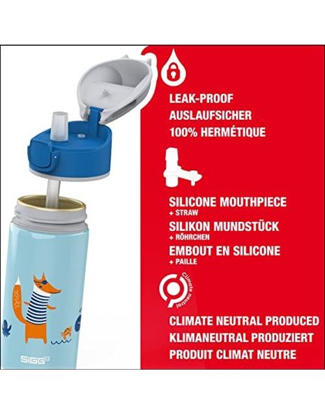 SIGG - Aluminium Kids Water Bottle - Fox - With Straw - Leakproof - Lightweight - BPA Free - Climate Neutral Certified - School & Sports - Light Blue - 0.4L