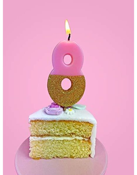 Talking Tables Pink Number 8 Birthday Candle with Gold Glitter | Premium Quality Cake Topper Decoration | Pretty, Sparkly For Kids, Adults, 18th, 80th Birthday Party, Anniversary, Milestone Age