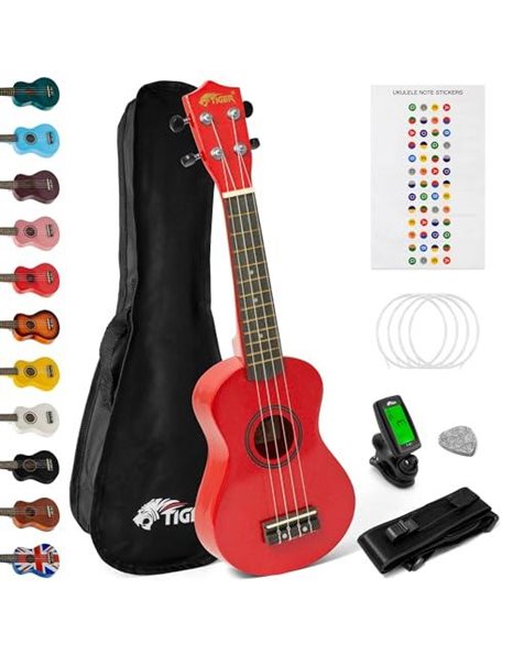 TIGER UKEKIT-RD Soprano Ukulele for Beginners includes Gig Bag, Felt Pick, Spare Set of Strings Now Equipped with Aquila Strings - Red