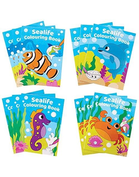 Baker Ross FC993 Sealife Mini Colouring Books for Kids - Pack of 12, Entertaining Travel Activities and Party Favours, Sealife