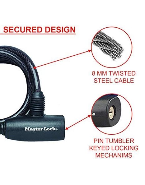 MASTER LOCK Bike Lock Cable, 2 Keys, 1.8 m Coiling Cable, Outdoor, 1.8 m x 0.8 cm