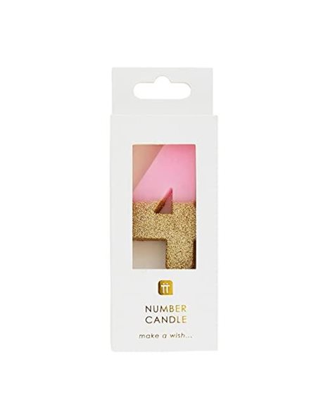 Talking Tables Bday Pink Number 4 Four Candle with Gold Glitter | Premium Quality Cake Topper Decoration | Pretty, Sparkly for Kids, Adults, 40th Birthday Party, Anniversary, Wax,Height 8cm, 3"