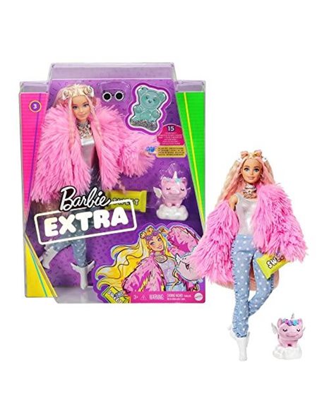 Barbie Extra Doll, Barbie Doll with Pink-Streaked Blonde Hair and Blue Eyes, Fluffy Pink Jacket, Toy Pet Unicorn Pig and Doll Accessories, Toys for Ages 3 and Up, One Doll, GRN28