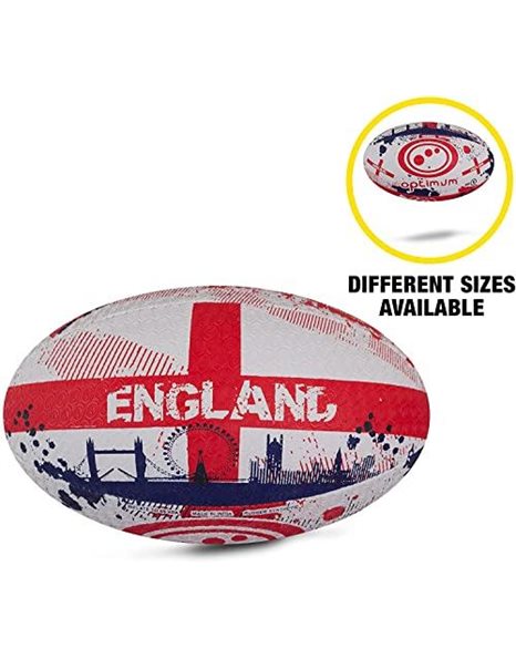 Optimum ENGLAND National Rugby Ball- Iconic Style with Great Flight and Air Retention - Rubber Dimpled Surface for Enhanced Grip - 2-Ply 410g Ball , Size Midi