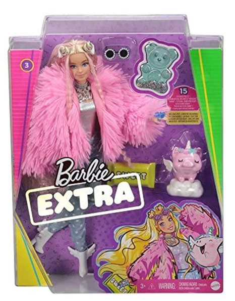 Barbie Extra Doll, Barbie Doll with Pink-Streaked Blonde Hair and Blue Eyes, Fluffy Pink Jacket, Toy Pet Unicorn Pig and Doll Accessories, Toys for Ages 3 and Up, One Doll, GRN28