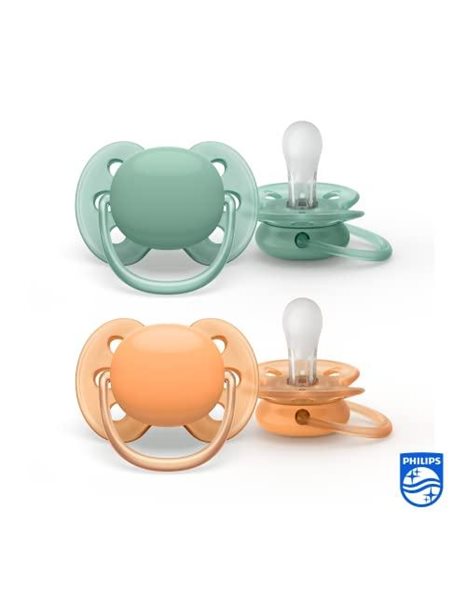 Philips Avent Ultra Soft Pacifier 2 Pack - BPA-Free Dummy for Babies from 0-6 Months, Orange/Green (Model SCF091/03)