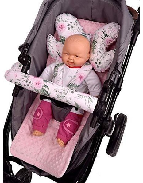 Universal Insert for a pram and a Stroller seat 5pcs. Overlay for The Belt + Overlay for The Headband Cotton Plush Medi Partners (Flowers with Light Pink Plush)