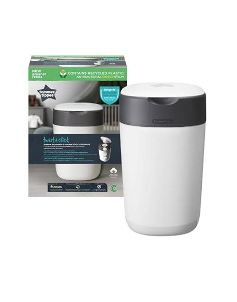 Tommee Tippee Plastic Twist and Click Advanced Nappy Bin Starter Set, Eco-Friendlier System with 12x Refill Cassettes with Sustainably Sourced Antibacterial GREENFILM, 5 kilograms, White