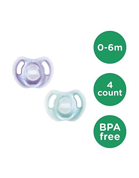 Tommee Tippee Ultra-Light Silicone Soother, 0-6m, Pack of 4 Dummies, Symmetrical Orthodontic Design, BPA-Free, One-Piece Design