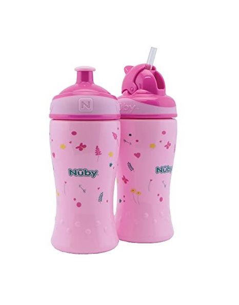 Nuby - Pack of 2 Leak-Proof Drinking Bottles - Flip-it Drinking Straw Bottle 360 ml + pop-up Drinking Bottle Drinking Cup for Children - BPA-Free - Pink - Drinking Cup 12+ Months & 18+ Months