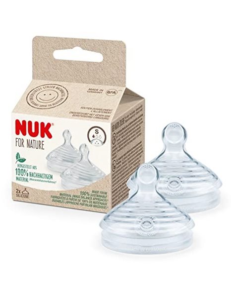 NUK for Nature Replacement Baby Bottle Teats Small 0-6 Months Breast-Like Sustainable Silicone with Anti Colic Vent BPA-Free 2 Count, Clear