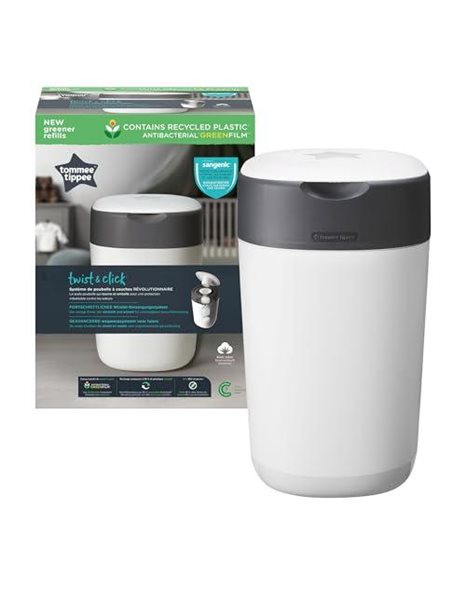 Tommee Tippee Twist and Click Advanced Nappy Bin Starter Set, Eco-Friendlier System with 6x Refill Cassettes with Sustainably Sourced Antibacterial GREENFILM, White