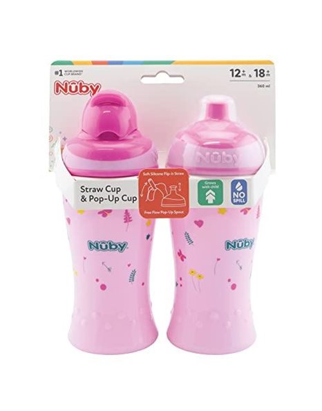 Nuby - Pack of 2 Leak-Proof Drinking Bottles - Flip-it Drinking Straw Bottle 360 ml + pop-up Drinking Bottle Drinking Cup for Children - BPA-Free - Pink - Drinking Cup 12+ Months & 18+ Months