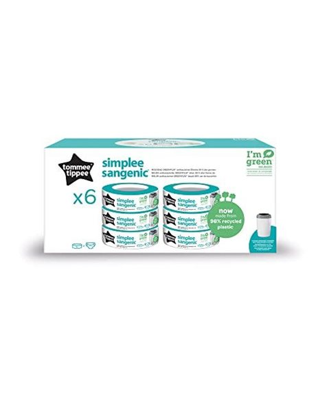 Tommee Tippee Simplee Sangenic Nappy Bin Refills, Sustainably Sourced Antibacterial GREENFILM, Pack of 6