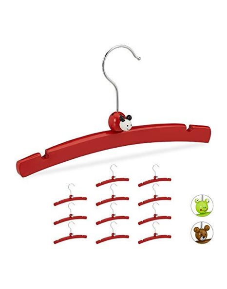 Relaxdays Children’s Clothes Hanger Set of 12, Animal Design, Wooden Holders for Boys and Girls, Baby Wardrobe, Red
