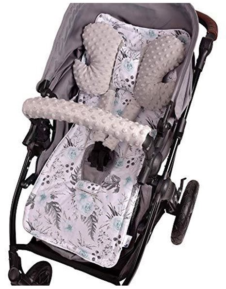 Universal Insert for a pram and a Stroller seat 5pcs. Overlay for The Belt + Overlay for The Headband Cotton Plush Medi Partners (Flowers with Grey Plush)