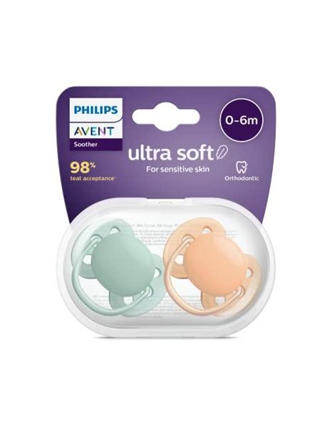 Philips Avent Ultra Soft Pacifier 2 Pack - BPA-Free Dummy for Babies from 0-6 Months, Orange/Green (Model SCF091/03)