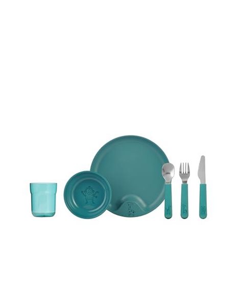 Mepal – Children’s dinnerware 6-Piece Set Mepal Mio – Child-Friendly Tableware - Includes Children’s Cutlery, Glass, Plate & Bowl - Dishwasher Safe & BPA-Free - Set of 6 – Deep Turquoise
