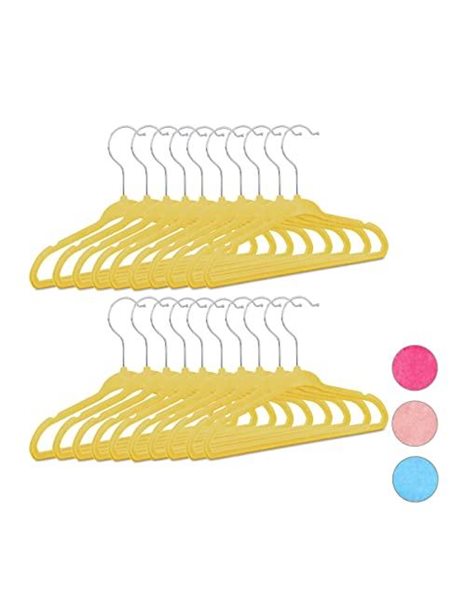 Relaxdays 10021822_48 Non-Slip Hangers for Baby / Child Clothes - Velvet, 360° Hook, HxWxD: 18 x 28 x 0.5 cm, Yellow, 5 cm, Set of 20