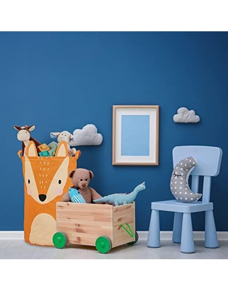 Relaxdays Toy Box, Children, Fox Design, HxD: 56 x 35cm, Clothes, Tidy, Round, Storage, Open, Cream/Orange