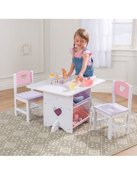 KidKraft Heart Wooden Table and 2 Chairs with Storage Bins, Kids Table and Chair Sets, Toy Storage, Kids Childrens Playroom/Bedroom Furniture, 26913