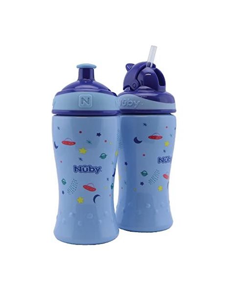 Nuby - Pack of 2 Leak-Proof Drinking Bottles - Flip-it Drinking Straw Bottle 360 ml + pop-up Drinking Bottle Drinking Cup for Children - BPA-Free - Blue - Drinking Cup 12+ Months & 18+ Months