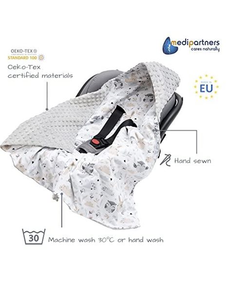 Medi Partners Swaddling Blanket 100% Cotton 85x85cm Double-Sided Multifunctional Plush Blanket With a hood for Pushchairs Soft Fluffy (Glade with grey Plush)