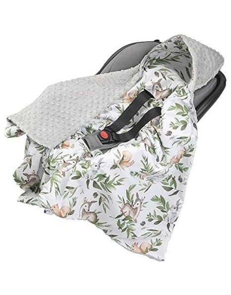 Medi Partners Swaddling Blanket 100% Cotton 85x85cm Double-Sided Multifunctional Plush Blanket With a hood for Pushchairs Soft Fluffy (Deer in leaves with grey Plush)