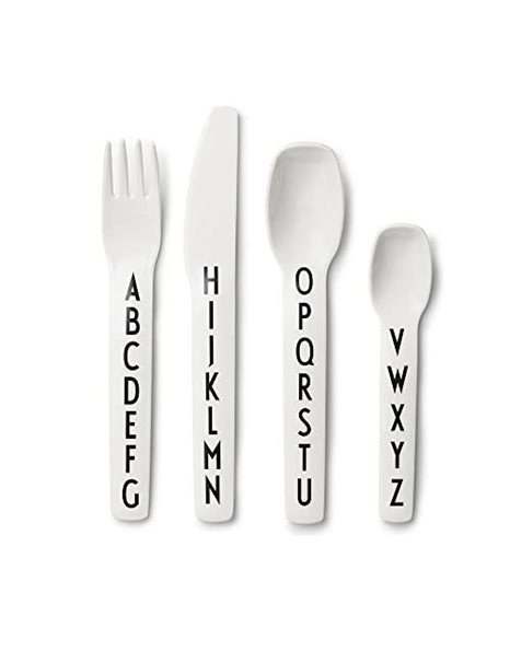 Design Letters tritan Cutlery for Baby and Kids, 4 pcs. (White) - BPA-Free, BPS-Free and EA-Free, with A-Z Alphabet Print, Drop-Safe, Dishwasher Safe