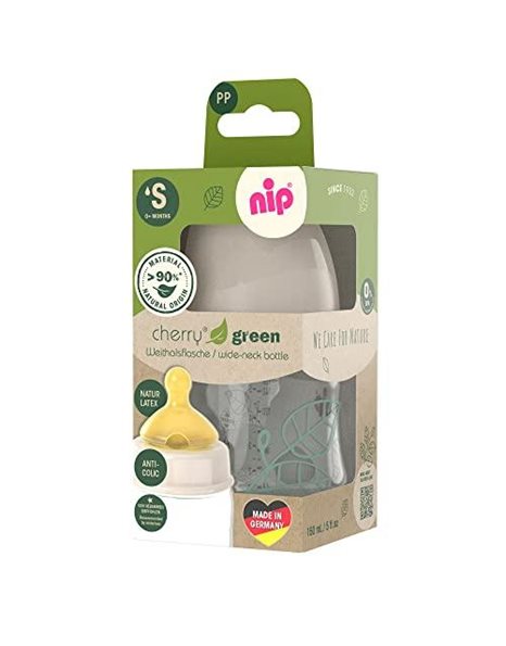 nip Cherry Green Wide Neck Bottle 150 ml, Sustainable, Cherry-Shaped Teat, Natural Latex, Anti-Colic, from Birth Also for Breastfeeding, Colour Brown