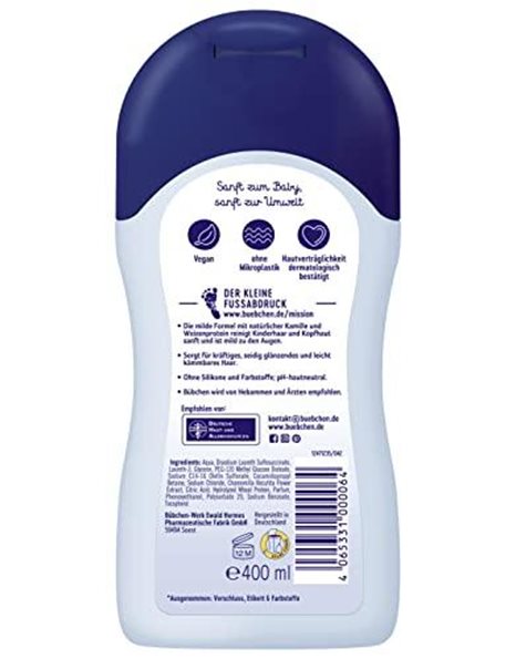 Bubchen Childrens Shampoo Mildly Cleanses & Tames Hair with Natural Chamomile and Wheat Protein 400ml