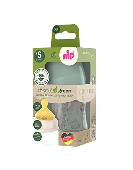 nip Cherry Green Wide Neck Bottle 150 ml, Sustainable, Cherry-Shaped Teat Natural Latex, Anti-Colic, from Birth, Also for Breastfeeding, Colour Turquoise