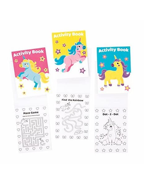 Baker Ross FE542 Unicorn Mini Actvity Books - Pack of 12, Includes Puzzles, Stickers, Dot to Dot and Colouring Pages for Kids