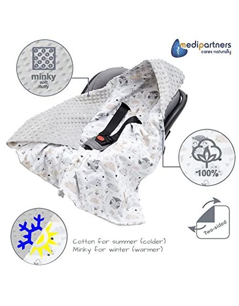 Medi Partners Swaddling Blanket 100% Cotton 85x85cm Double-Sided Multifunctional Plush Blanket With a hood for Pushchairs Soft Fluffy (Glade with grey Plush)