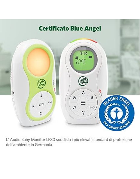 LeapFrog LF80 Audio Baby Monitor with Two Batteries, Temperature Sensor, Reminder, Noise Indicator, Safe Transmission, Long Range, Night Light, Voice Recording