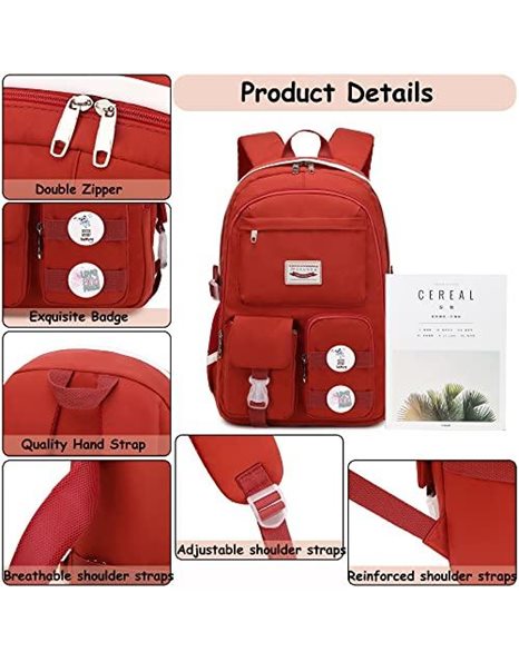 Makukke School Bags for Girls, Backpack Womens Waterproof Book Bags with Laptop Compartment & Anti Theft Casual Daypacks for Primary Junior High University (New-Red)