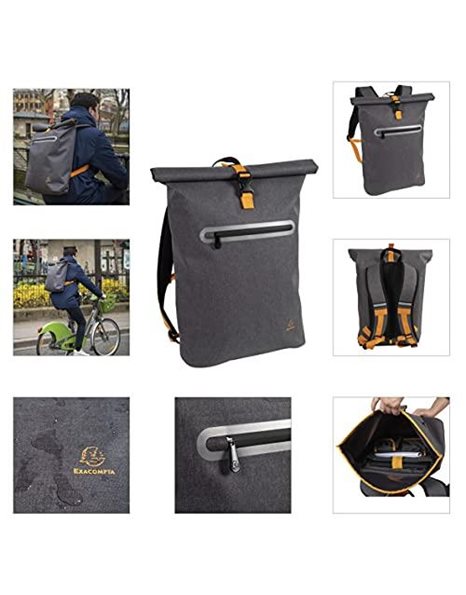 Exacompta - Ref 17834E - Exactive - Waterproof Backpack - 330 x 490 x 140mm in Size, Padded Compartment for a 15.6" Laptop or Tablet, Waterproof Thermoplastic - Grey & Orange