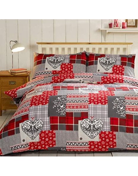 Alpine Patchwork 100% Brushed Cotton Flannelette Heart Quilt Duvet Cover and 2 Pillowcase Bedding Bed Set, Red/Multi-Colour, King