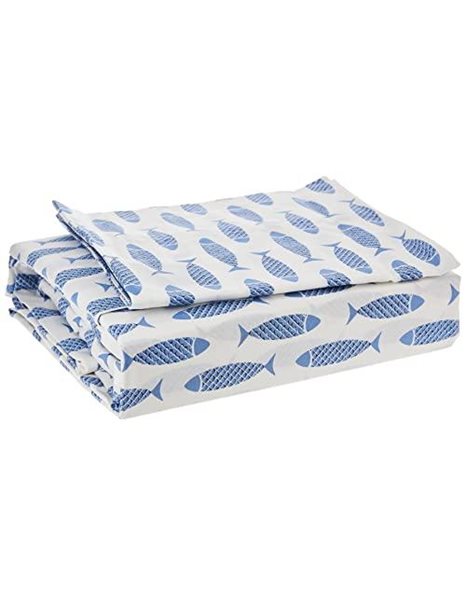 Nautica - Twin Sheet Set, Cotton Percale Bedding Set, Crisp & Cool, Lightweight & Breathable (Woodblock Fish Blue, Twin)