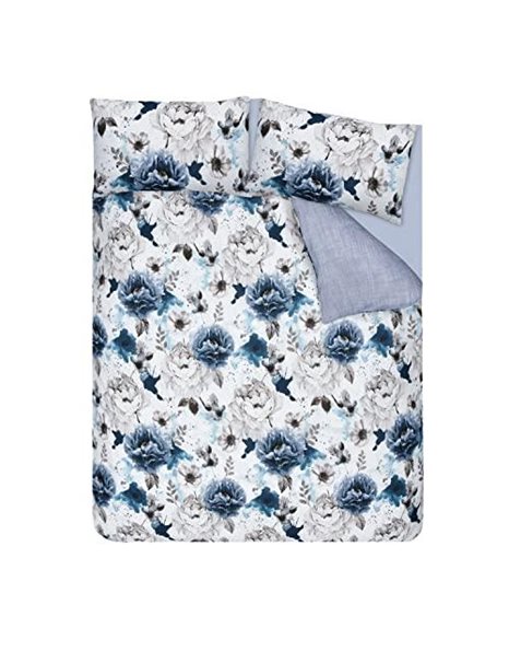Sleepdown Duvet Cover Set - Blue - Inky Floral – Plain Reversible Quilt Cover Easy Care Bed Linen Soft Cosy Bedding Sets with Pillowcases - Super King (220cm x 260cm)