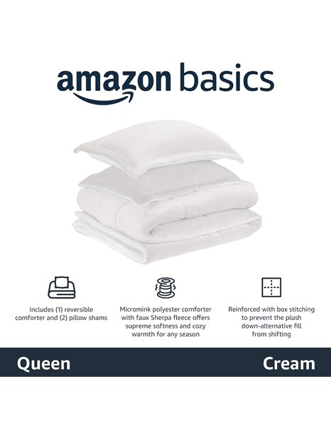 Amazon Basics Ultra-Soft 3 Piece Micromink Sherpa Comforter Bed Set, Queen, Cream, Solid
