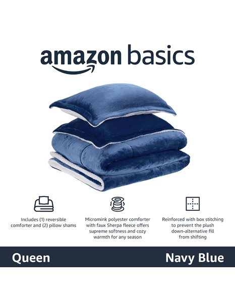 Amazon Basics Ultra-Soft 3 Piece Micromink Sherpa Comforter Bed Set, Full or Queen, Navy Blue, Solid