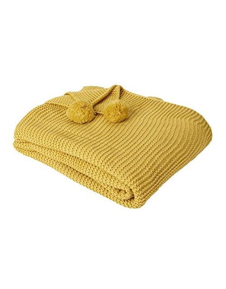 Dreamscene Chunky Knit Throw Large Knitted Thick Warm Pom Pom Sofa Bed Blanket - Mustard Yellow Ochre, 150 x 180cm