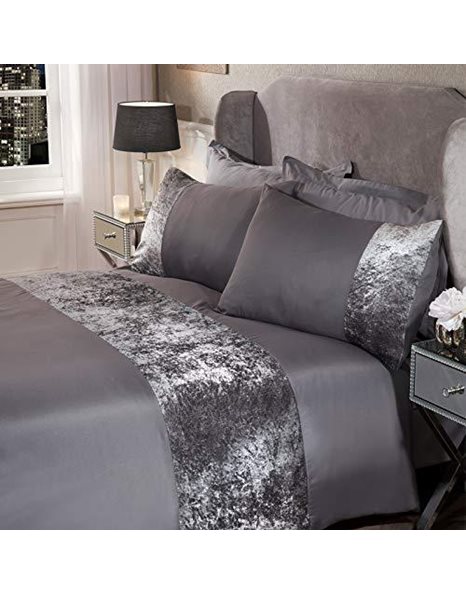 Sienna Crushed Velvet Panel Band Duvet Cover with Pillow Case Bedding Set - Silver Grey, Double