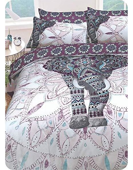 Sleepdown Elephant Mandala Purple Bed Reversable Quilt Duvet Cover Set Easy Care Anti-Allergic Soft & Smooth with Pillow Cases (Single)